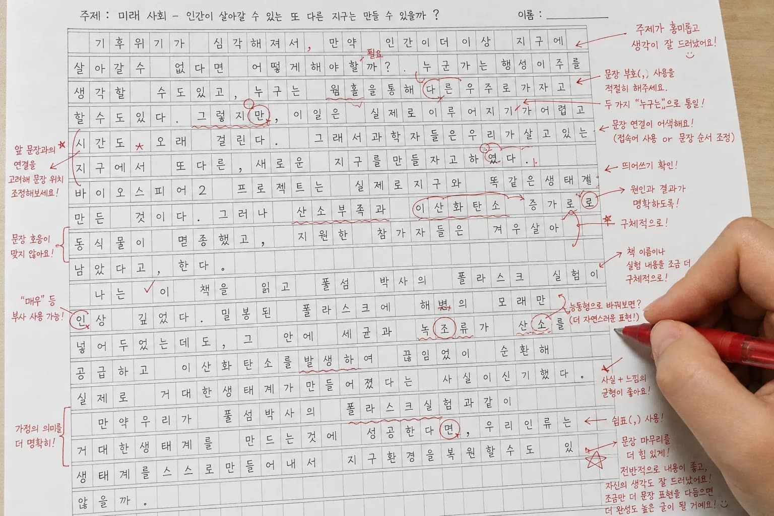 논술문 첨삭 장면